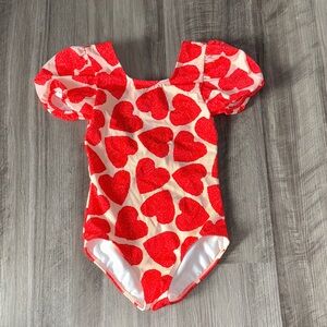 Mini Boden 7-8 one piece swimsuit red hearts puff sleeve criss cross back girls